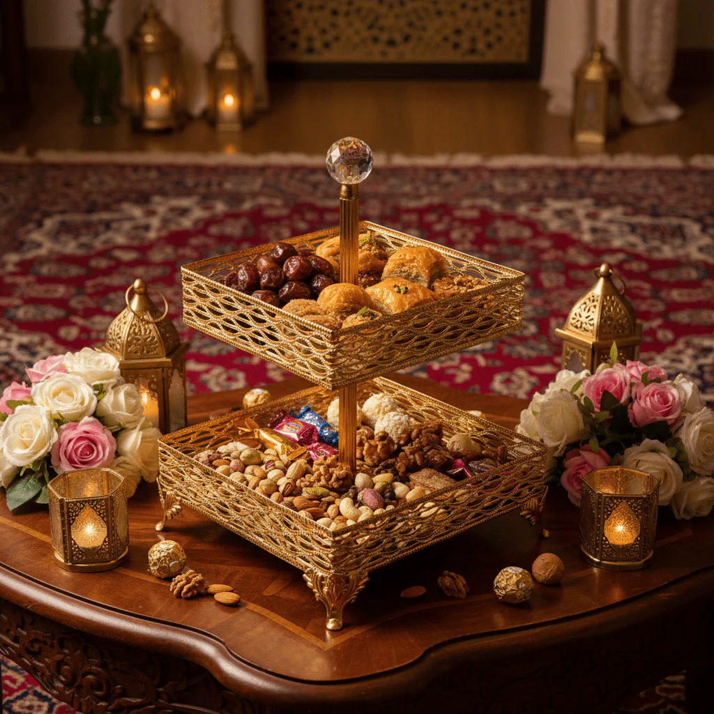 Zeyve 2-Tier Square Glass Fruit Stand with Gold Metal Frame – Elegant Serving Tray for Fruits, Desserts & Pastries – 14 × 18 × 30 cm - Image 3