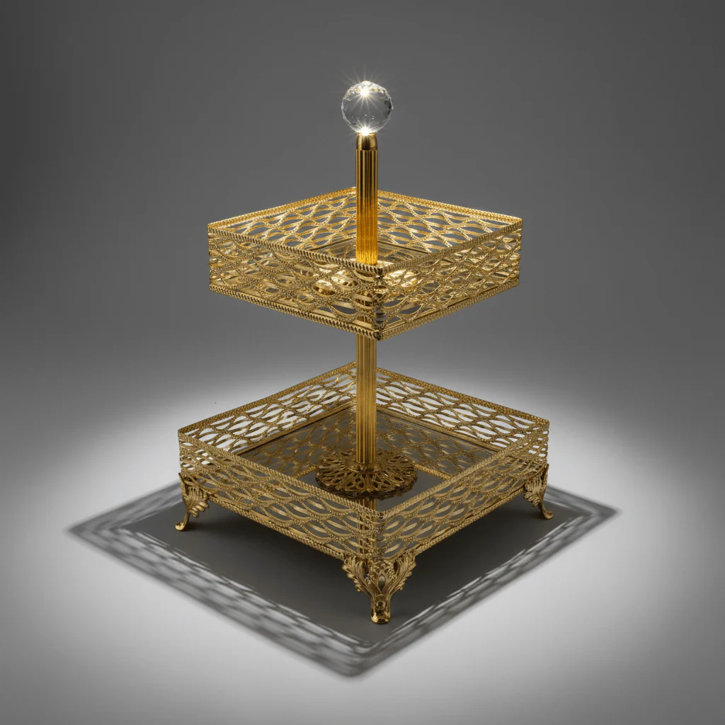 Zeyve 2-Tier Square Glass Fruit Stand with Gold Metal Frame – Elegant Serving Tray for Fruits, Desserts & Pastries – 14 × 18 × 30 cm - Image 4