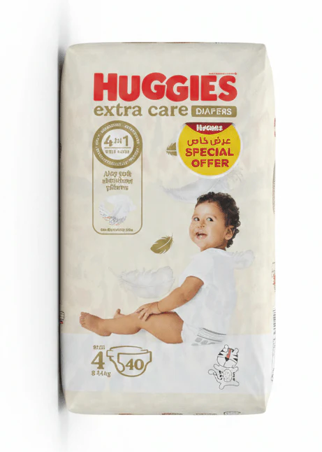 Huggies Extra Care Diapers | Size 4 (8–14 kg) | 40 Pcs | 4-in-1 Skin Care | Airy Soft Absorbent Pillows | Dermatologically Tested