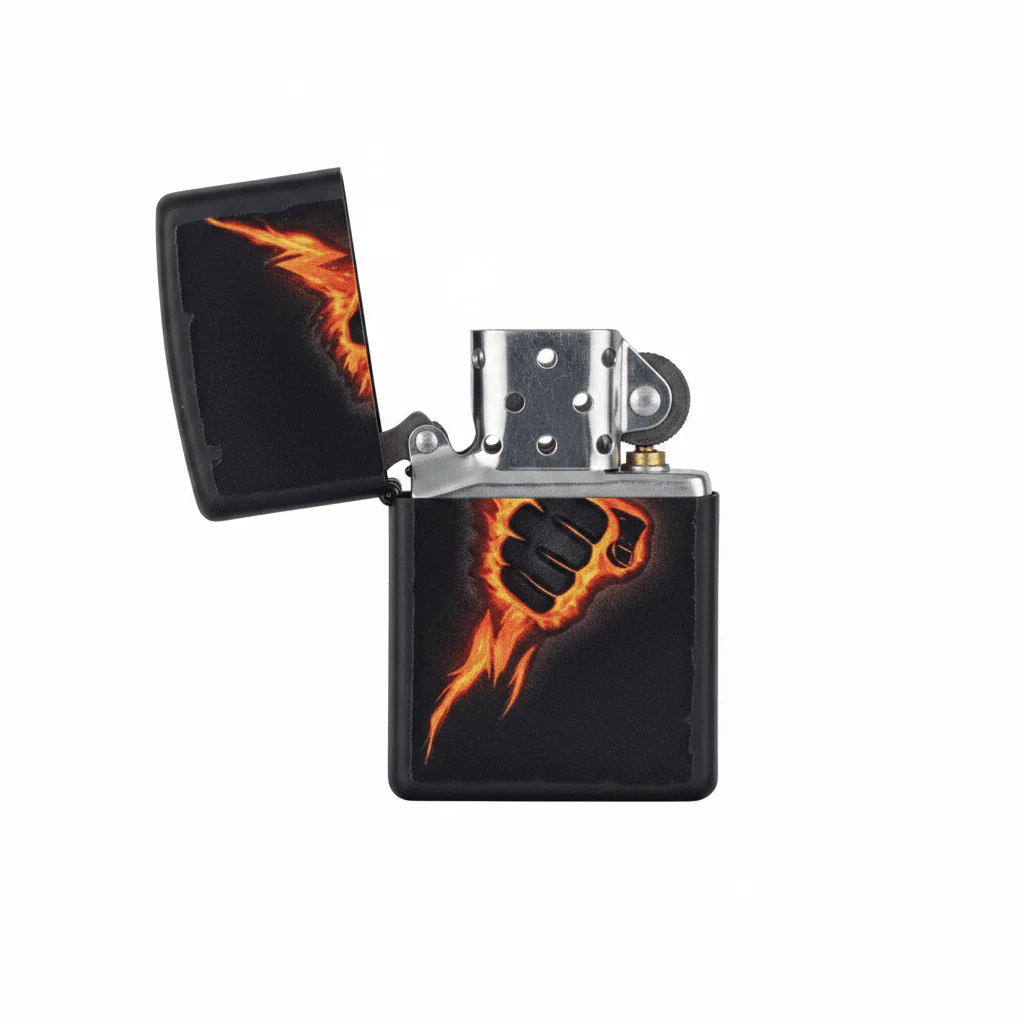 Zippo Black Flip Top Refillable Metal Lighter Lightning Bolt Fist Graphic Windproof 6×4 cm - Image 3