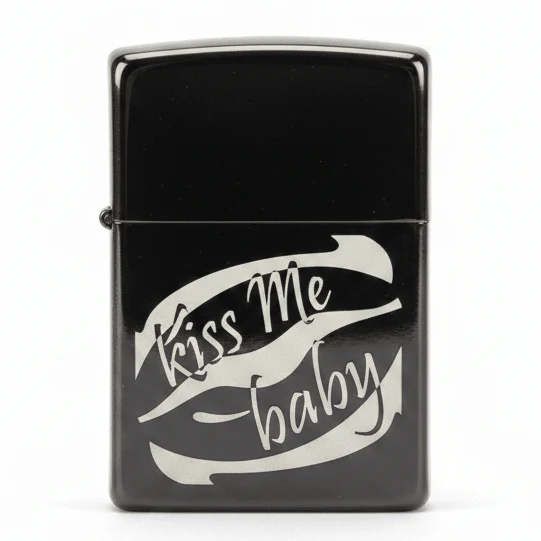 Zippo Black Metal Flip-Top Lighter with “Kiss Me Baby” Text Print Design, Refillable (6×4 cm)