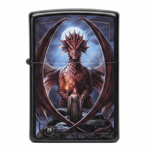 Zippo Black Metal Lighter with Anne Stokes Fantasy Collection Design Flip-Top Refillable (6×4 cm)
