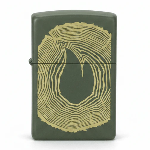 Zippo Green Metal Lighter with Wood Ring Inspired Natural Design, Flip-Top Refillable (6×4 cm)