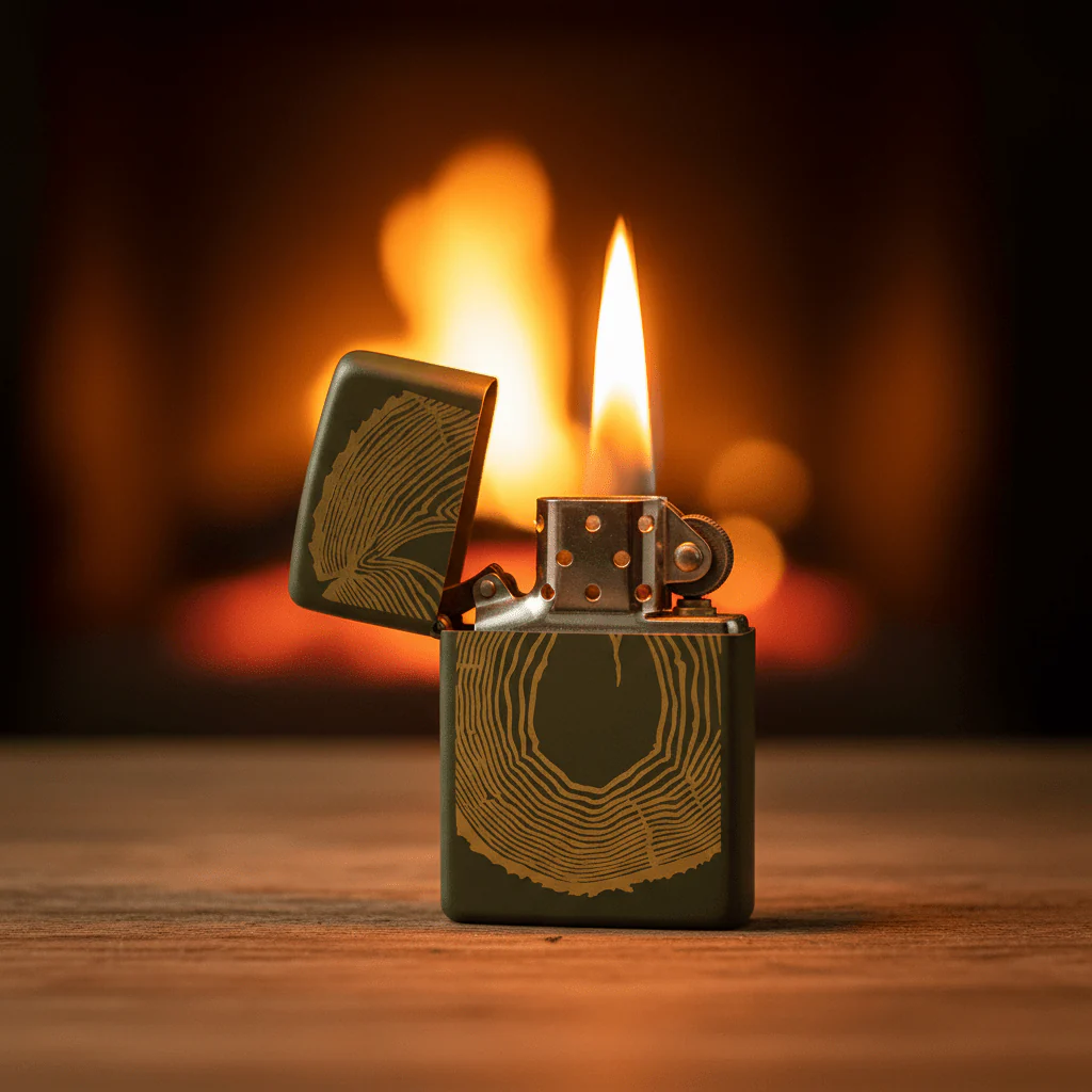 Zippo Green Metal Lighter with Wood Ring Inspired Natural Design, Flip-Top Refillable (6×4 cm) - Image 2
