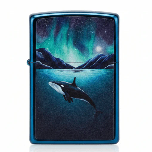 Zippo Ocean Blue Metal Flip-Top Lighter with Whale Illustration, Refillable Windproof Style (6×4 cm)