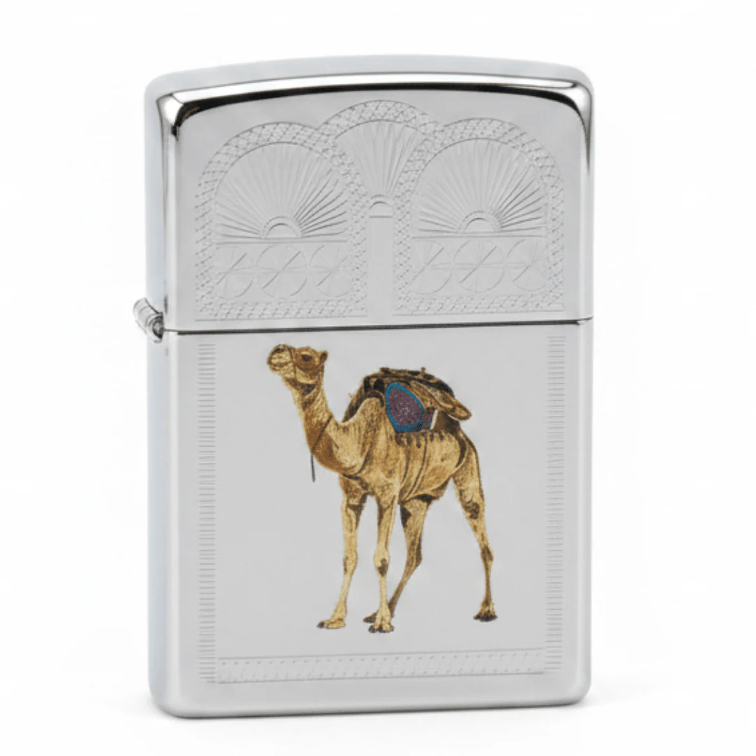 Zippo Silver Flip Top Refillable Metal Lighter Camel Theme Design 6×4 cm