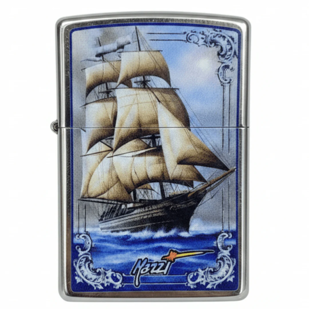 Zippo Silver Flip Top Refillable Metal Lighter Mazzi Tall Ship Artwork Windproof 6×4 cm