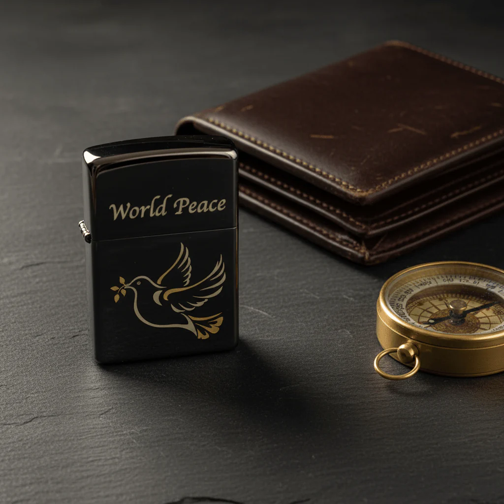 Zippo Silver Flip Top Refillable Metal Lighter World Peace Text Design Giftable 6×4 cm - Image 2